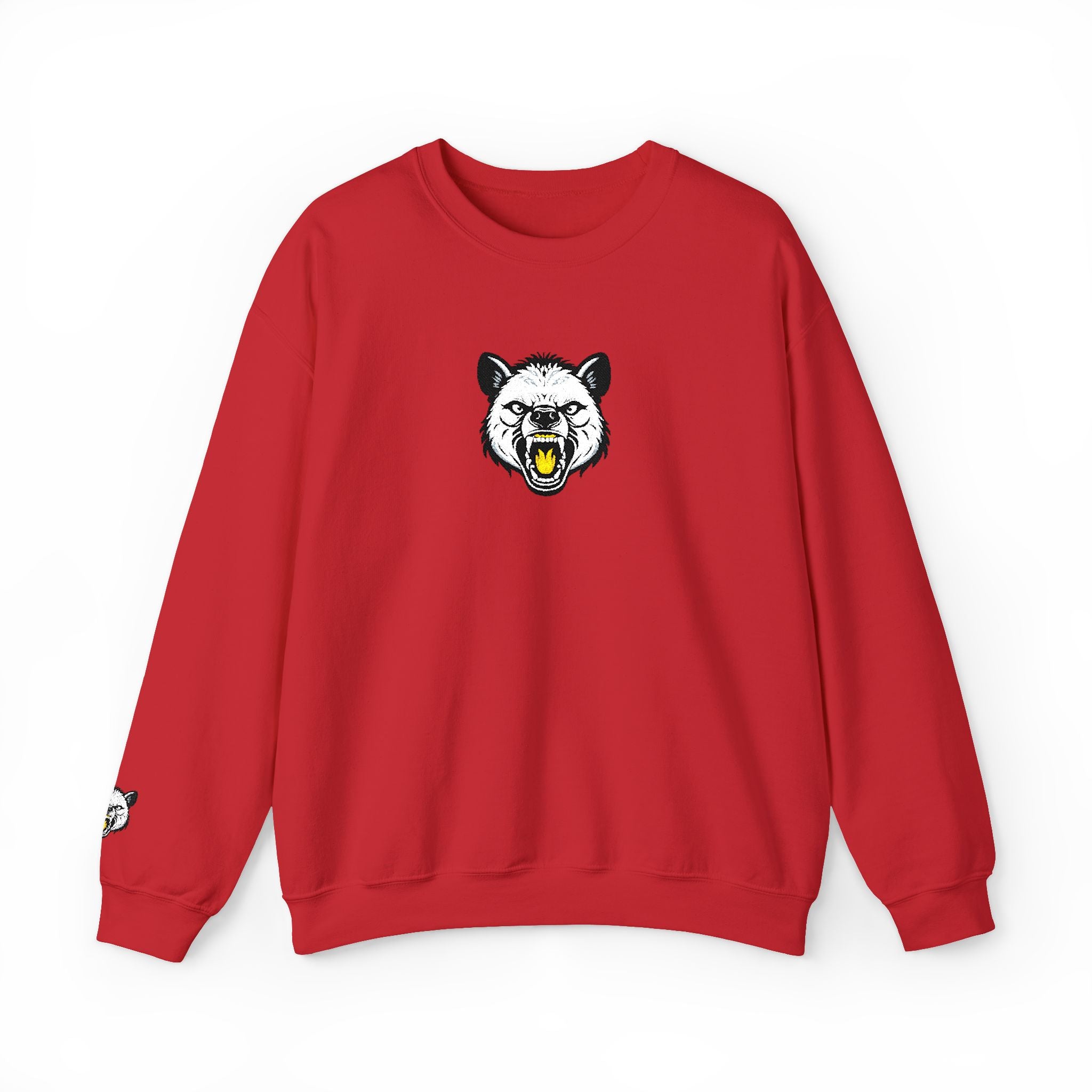 Red sweatshirt with a bear graphic on a white background