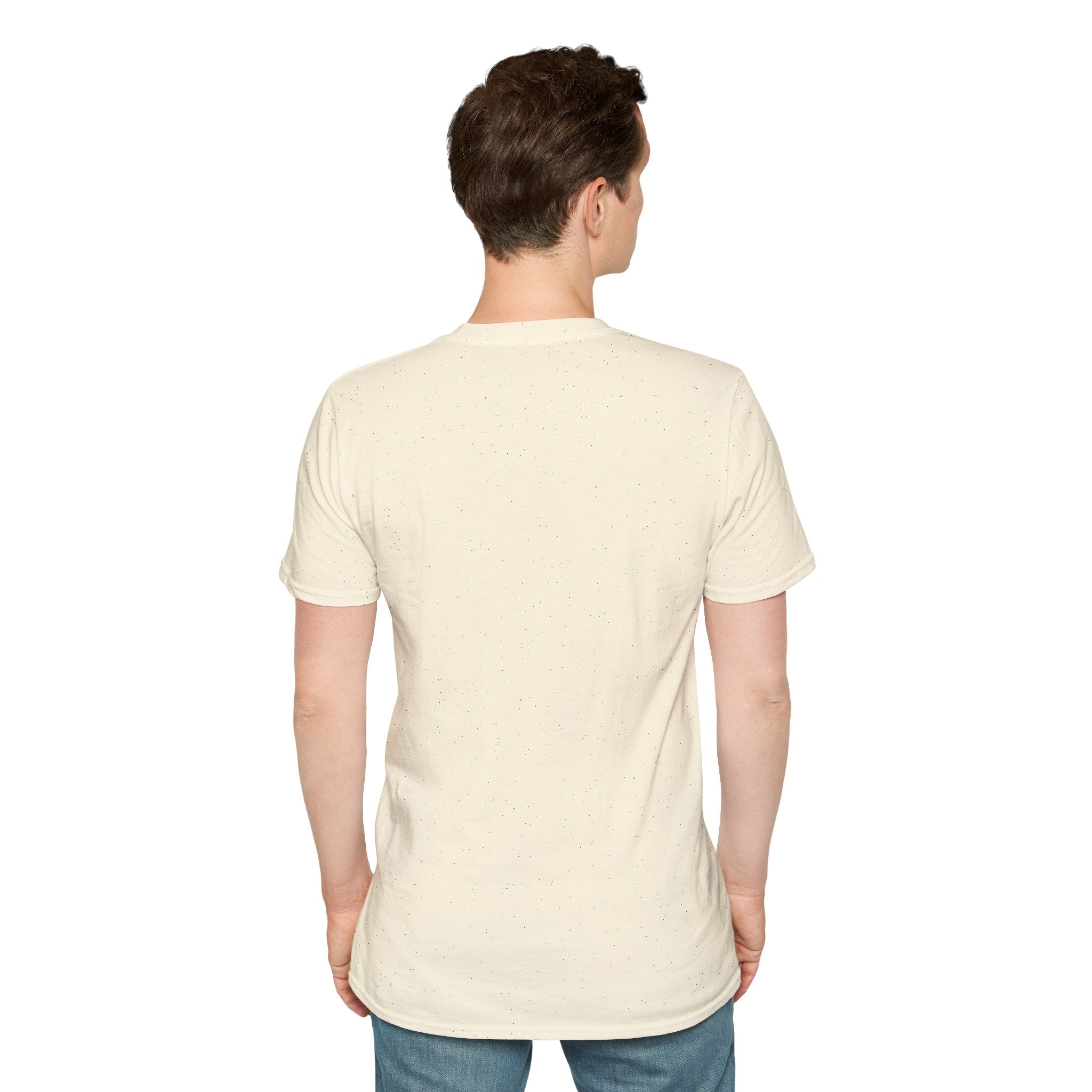 Person wearing a plain beige t-shirt on a white background