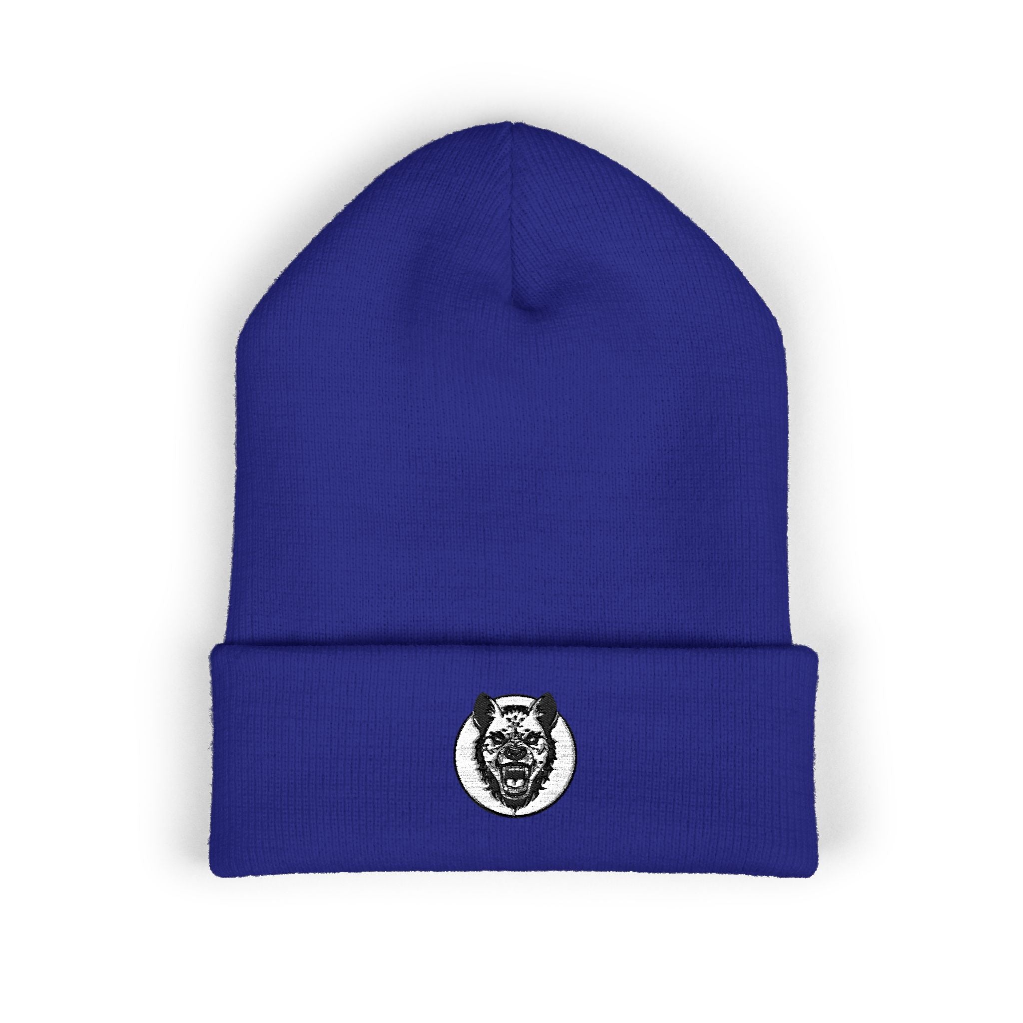 Blue beanie with a white logo on a white background