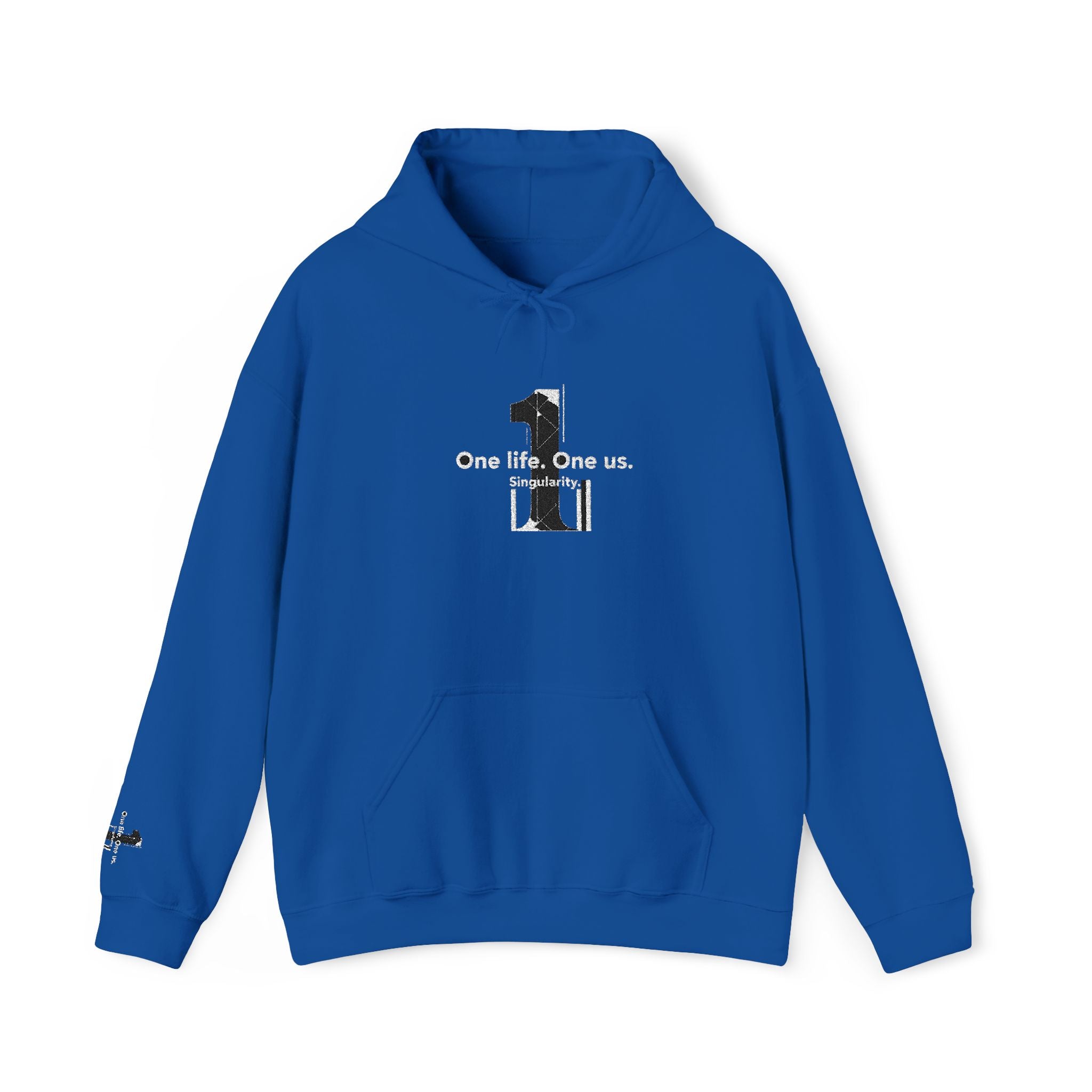 Blue hoodie with a graphic and text on a white background