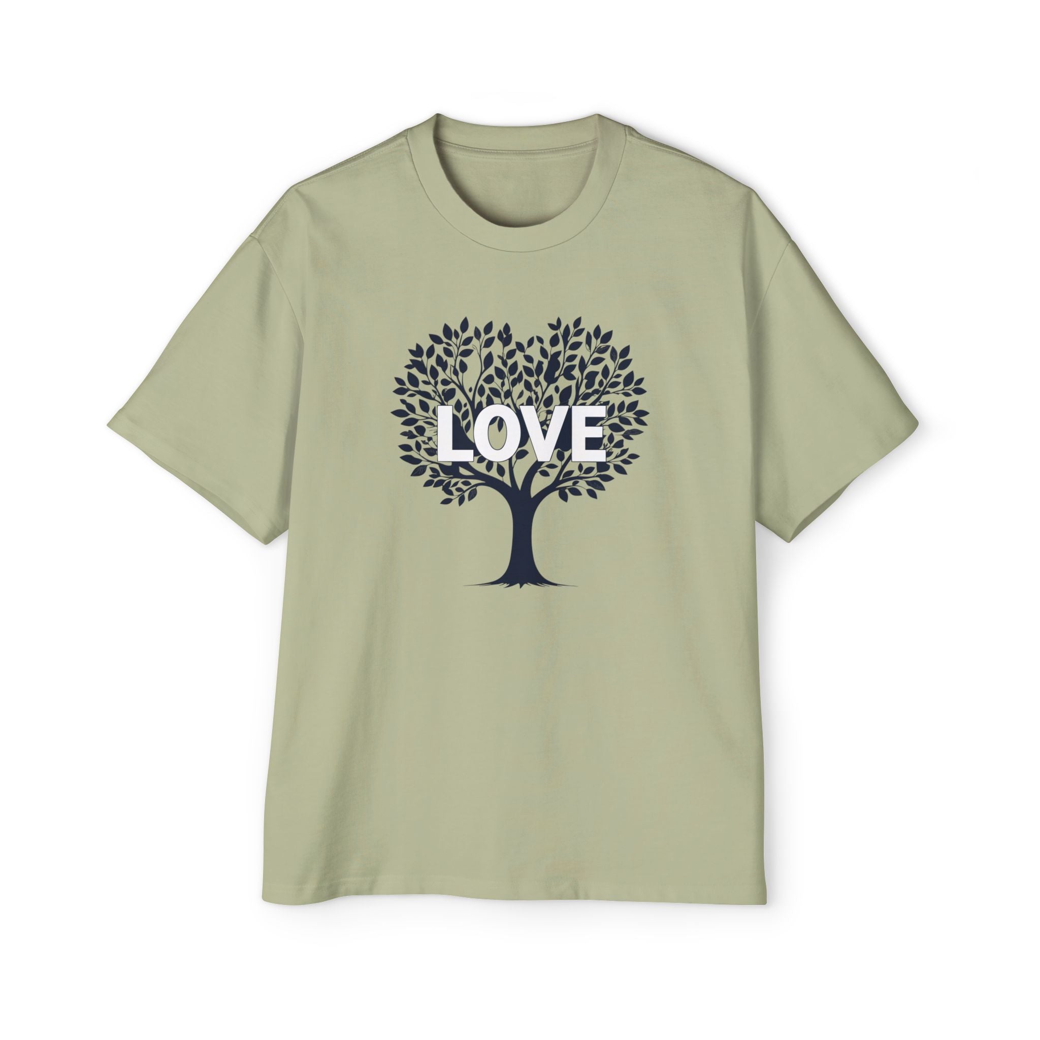 Sage green t-shirt with a tree design and 'LOVE' text on a white background