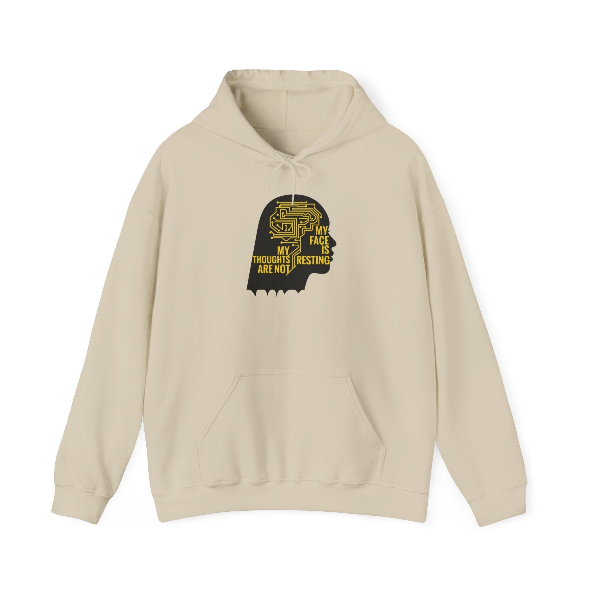 Beige hoodie with black and yellow graphic on a white background