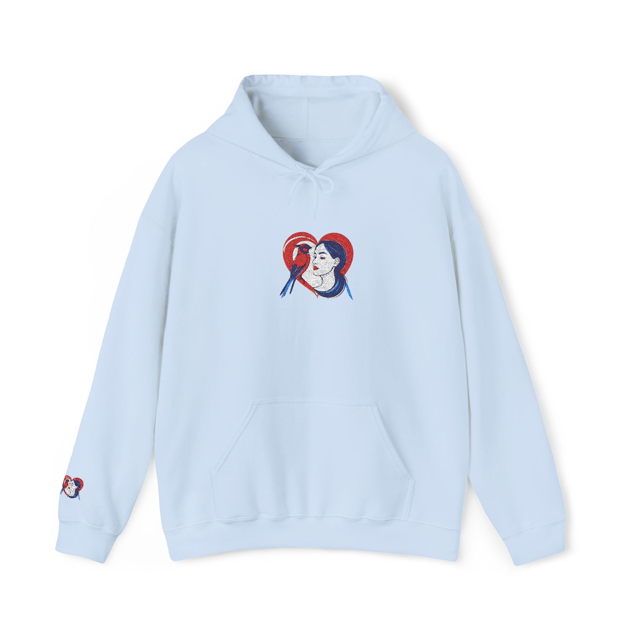 Light blue hoodie with a graphic design on a white background