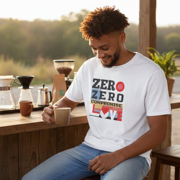 Man wearing a white t-shirt with text and sitting on a white stool against a white background