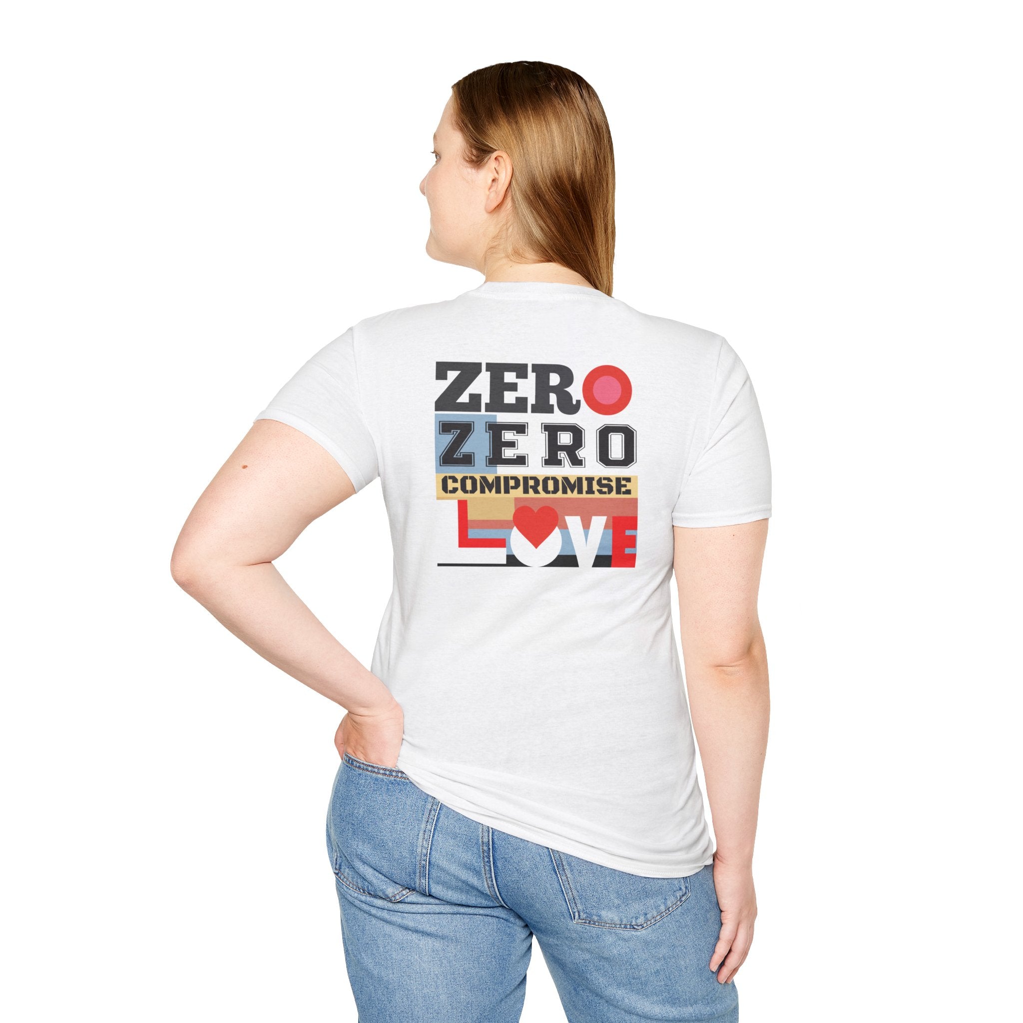 woman wearing a white t-shirt with 'Zero Zero Compromise' text and design on the back.