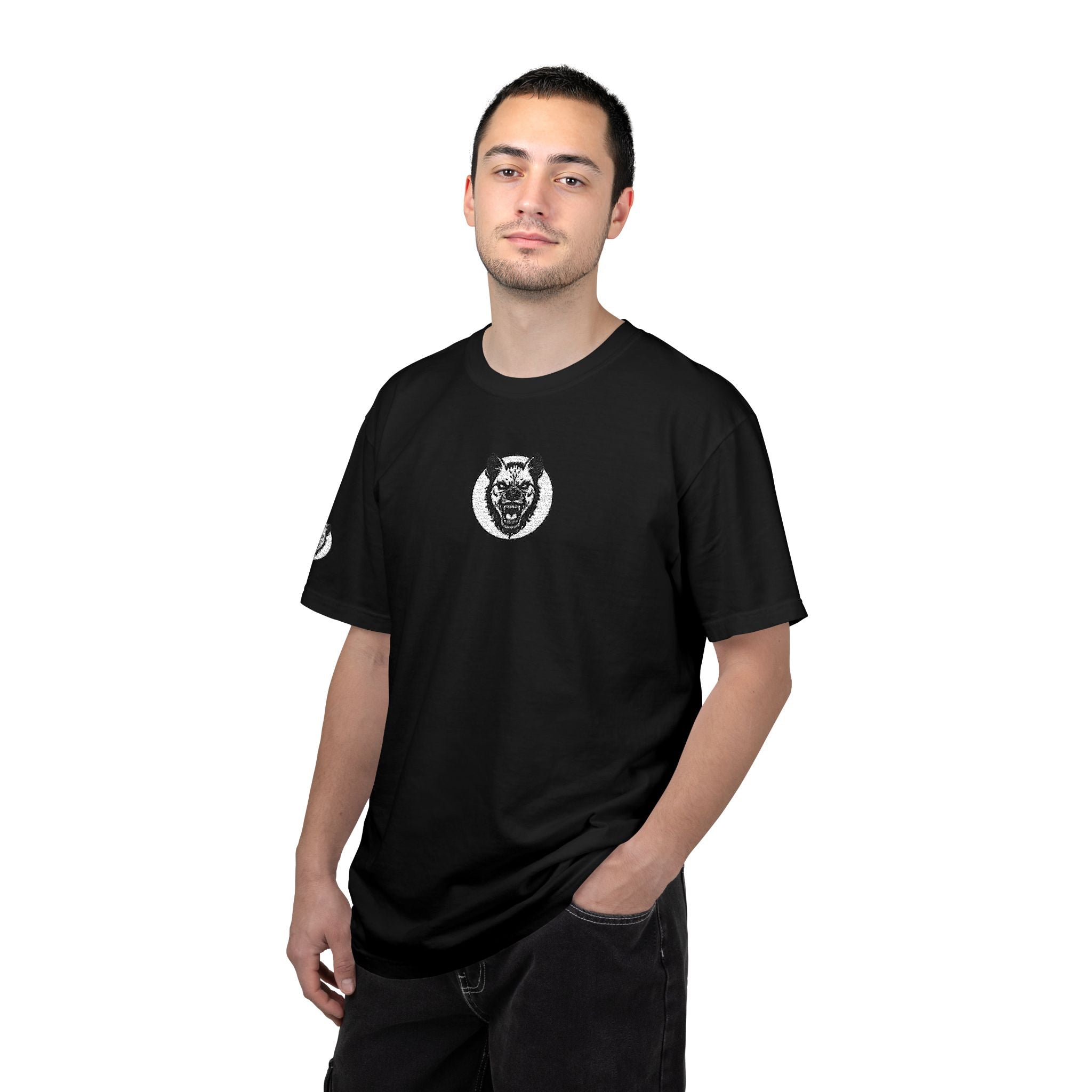 Man wearing a black t-shirt with a white logo on a white background