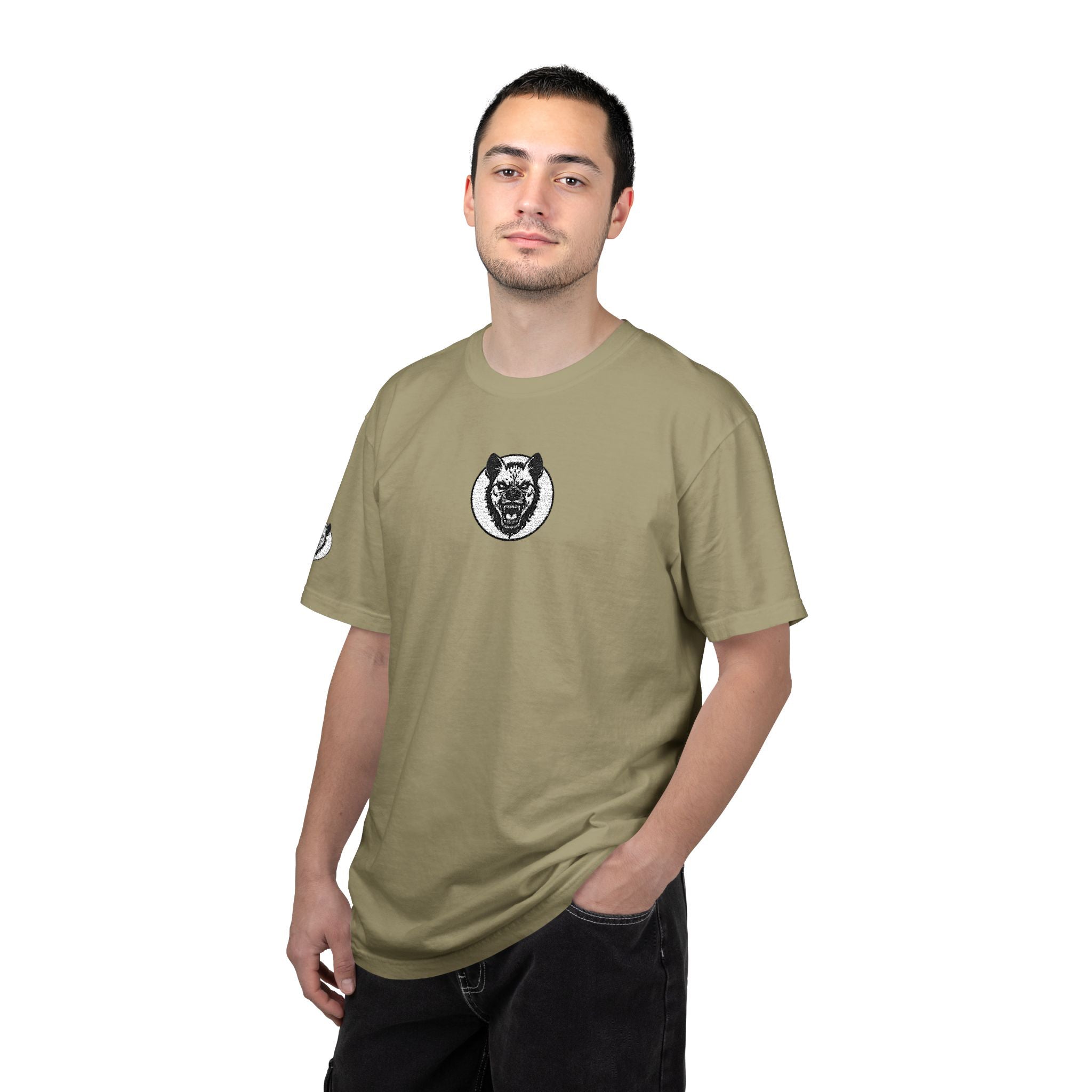 Man wearing a green t-shirt with a logo on a white background