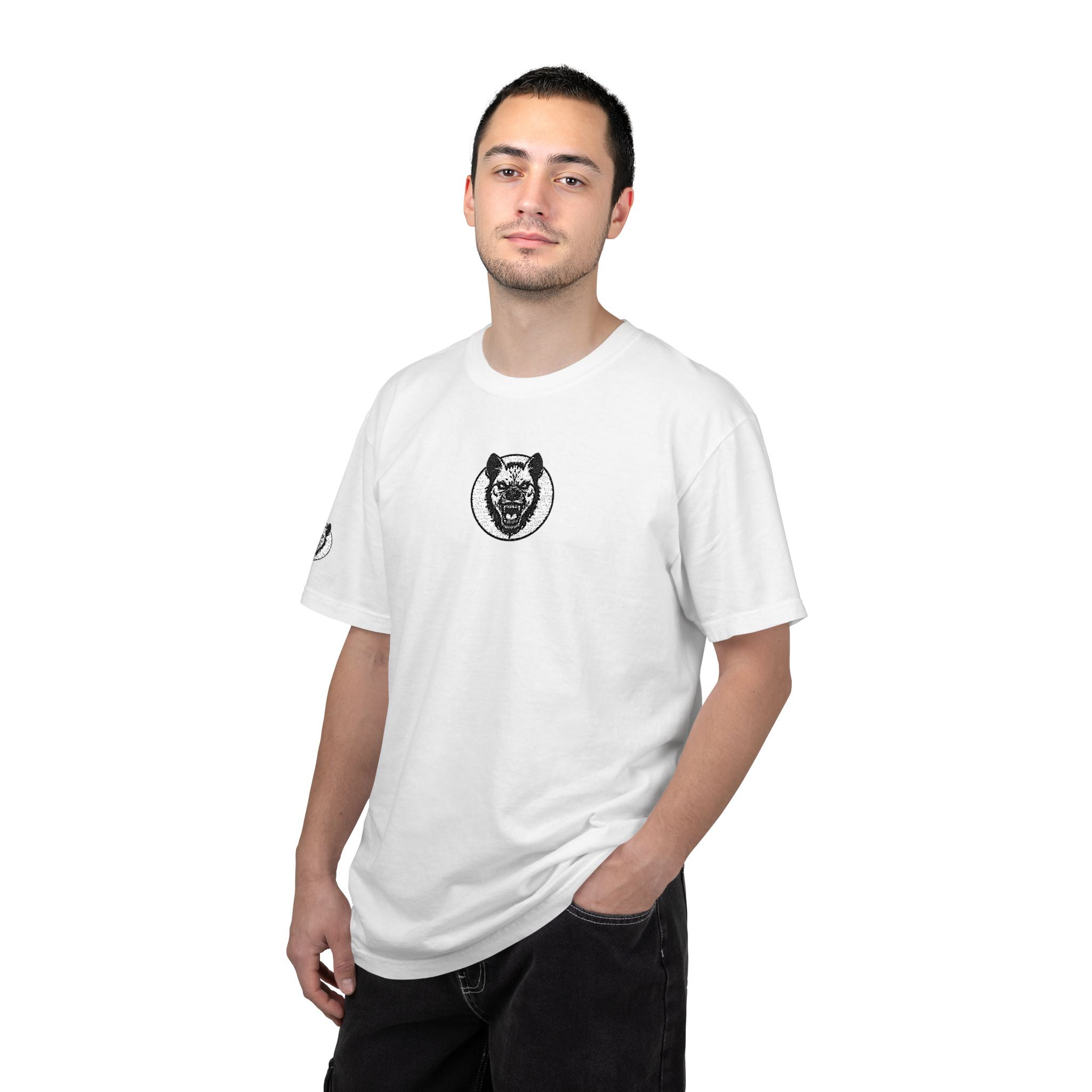 Person wearing a white t-shirt with a black logo on a white background