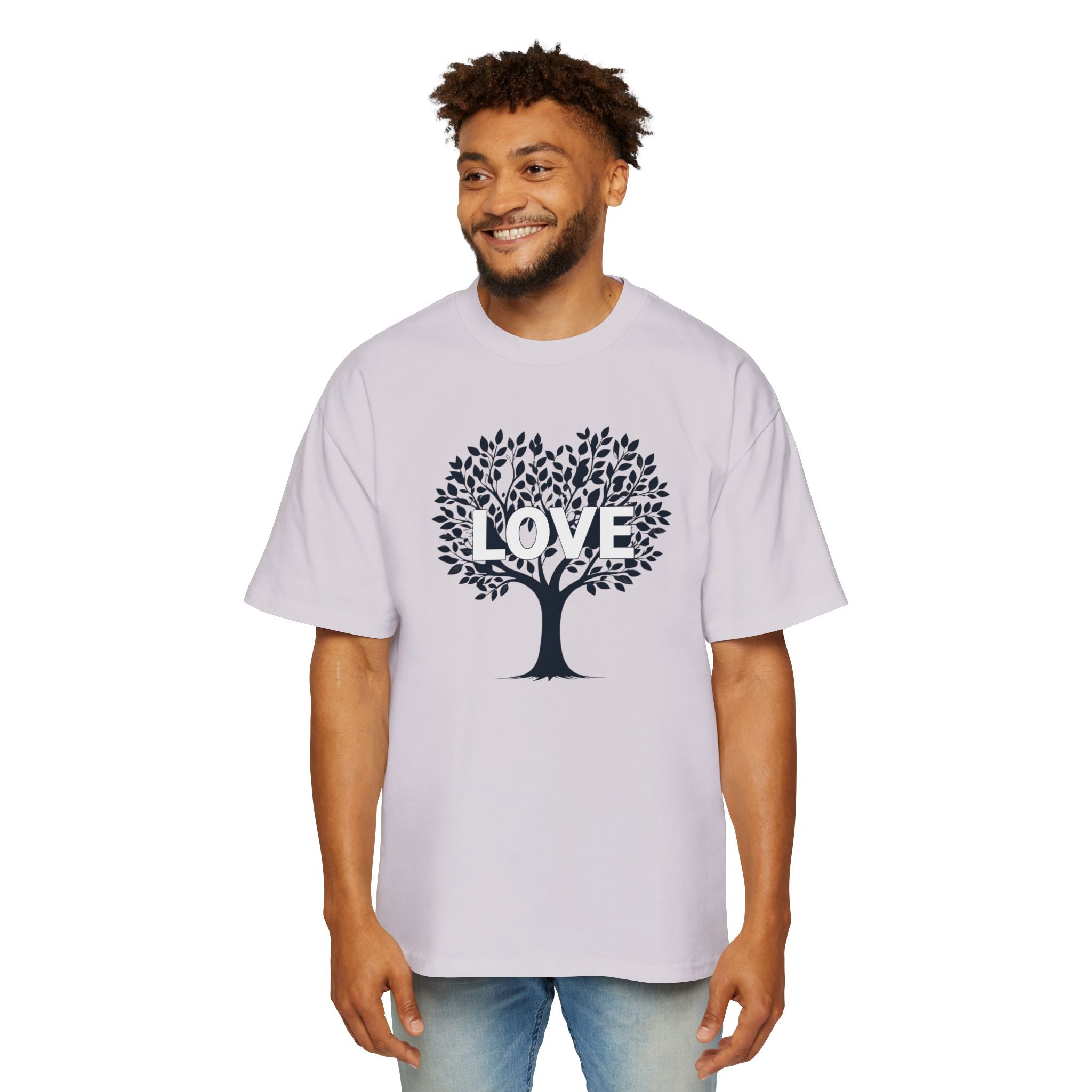 Man wearing a white t-shirt with a tree design and 'LOVE' text on a white background