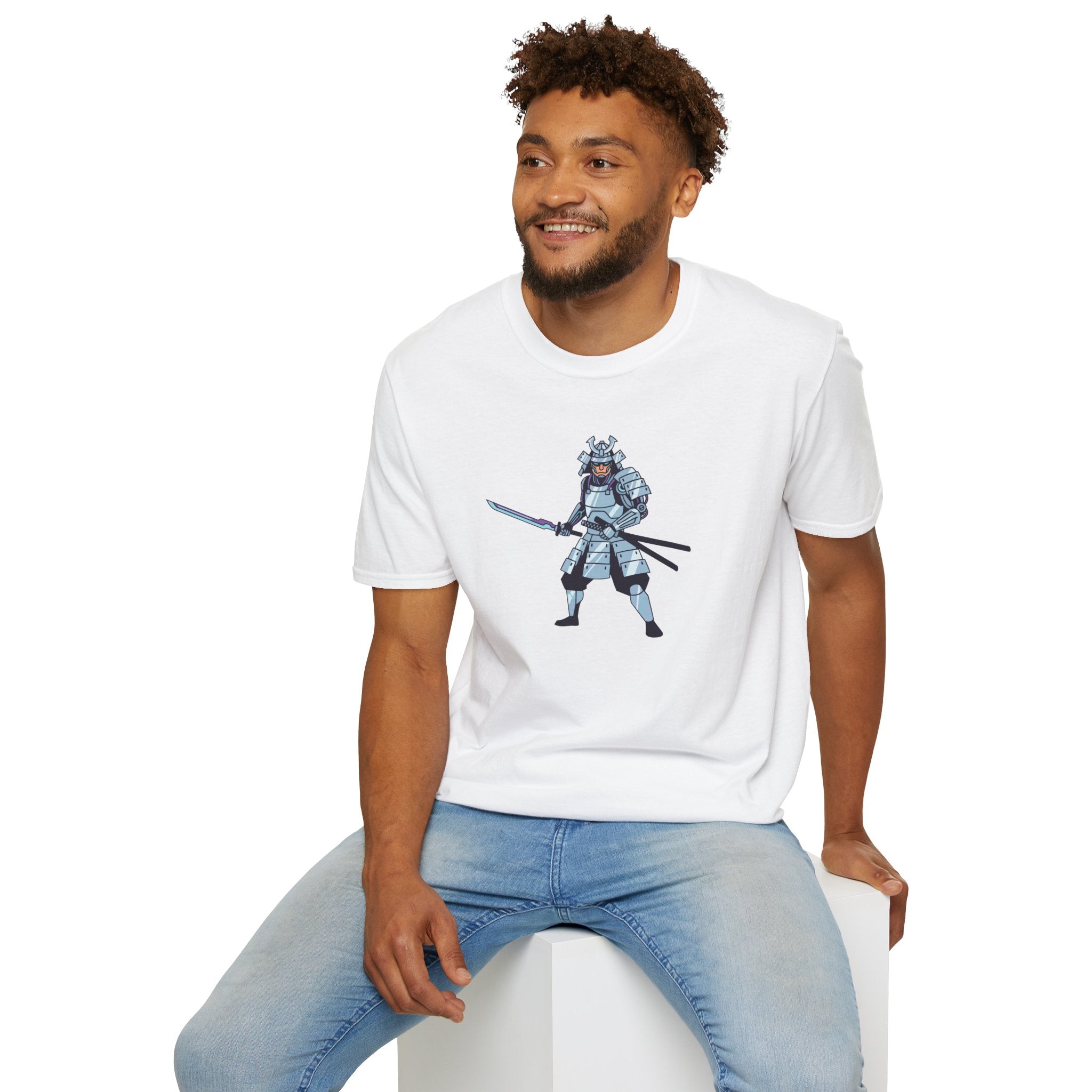 Man wearing a white t-shirt with a graphic design of a samurai on a white background