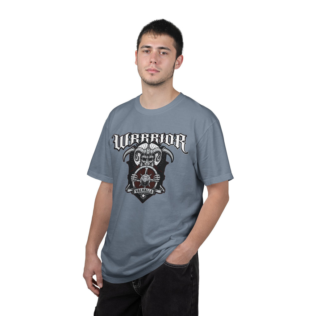 Man wearing a gray t-shirt with 'Warrior' graphic design on a white background