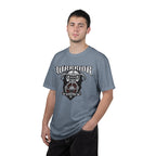 Man wearing a gray t-shirt with 'Warrior' graphic design on a white background