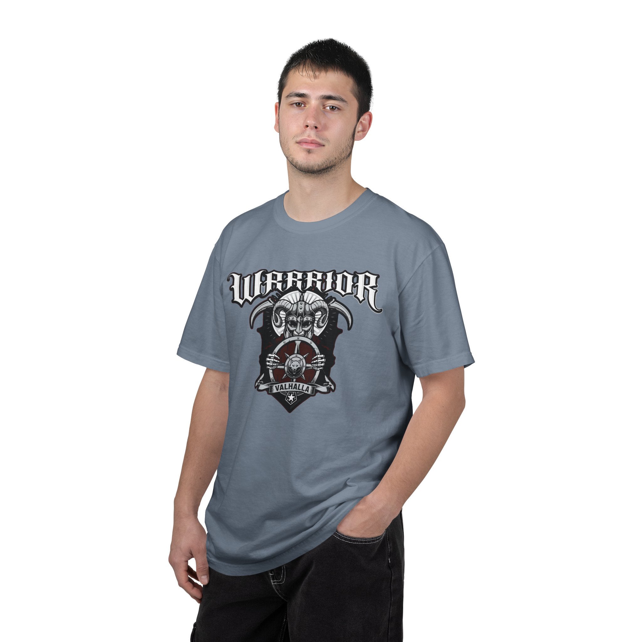 Man wearing a gray t-shirt with 'Warrior' graphic design on a white background
