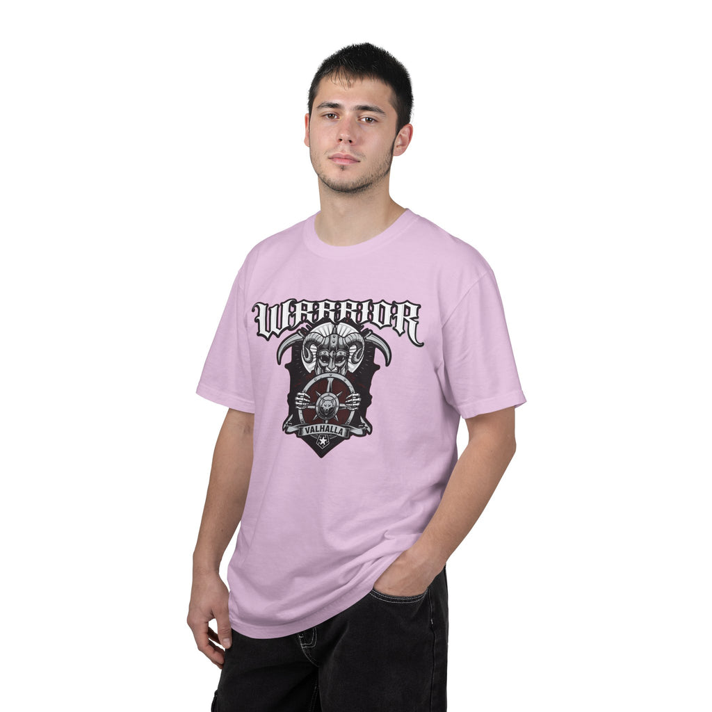 Person wearing a pink t-shirt with a graphic design on a white background