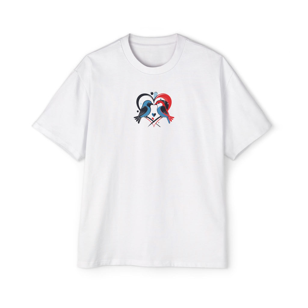 White t-shirt with a graphic design of two birds on a white background