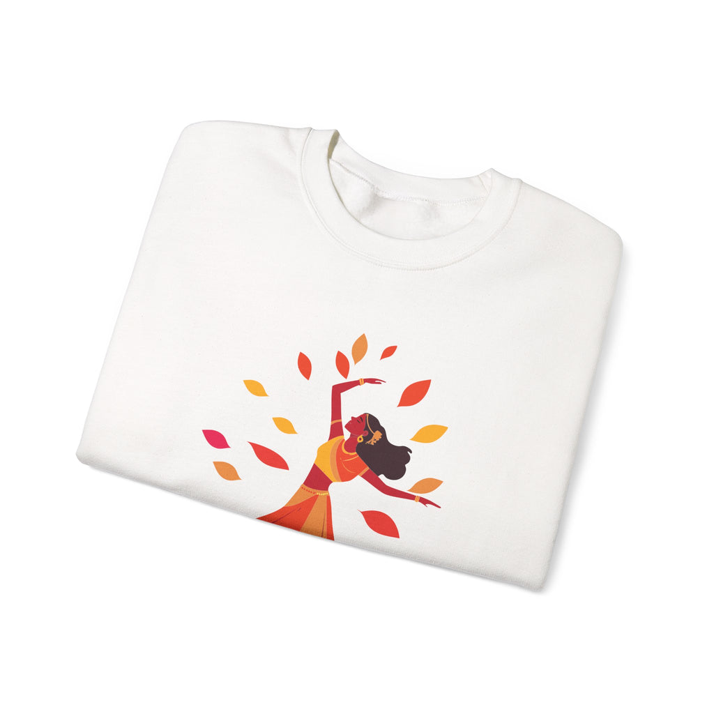 White sweatshirt with a colorful graphic of a person and leaves on a white background