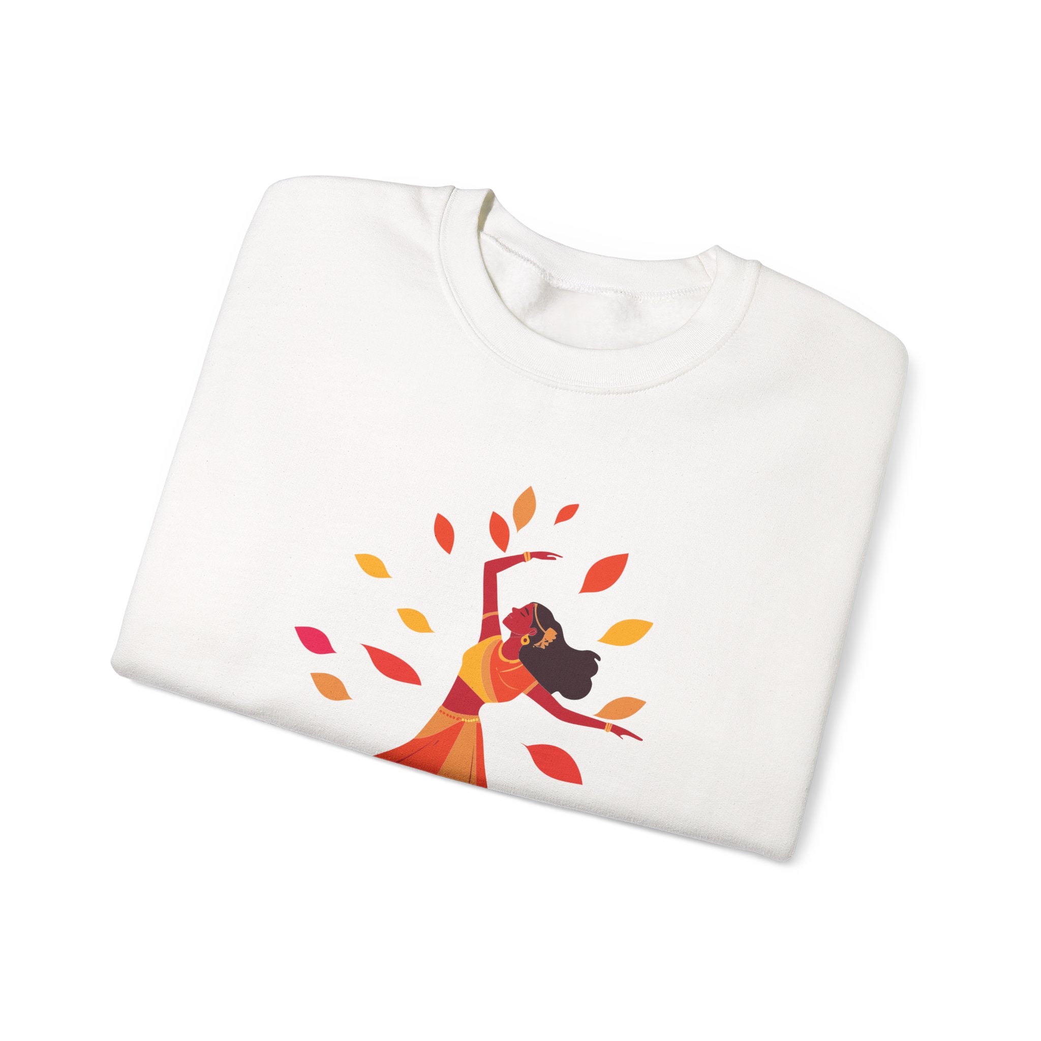 White sweatshirt with a colorful graphic of a person and leaves on a white background