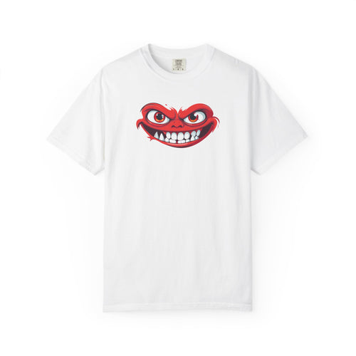 White t-shirt with a red and black graphic design on a white background