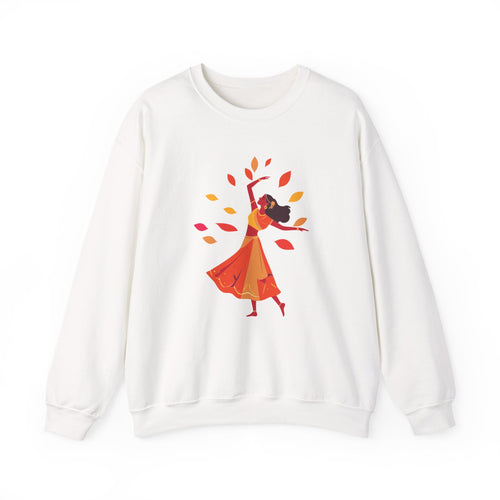 White sweatshirt with a colorful graphic of a woman and leaves on a white background
