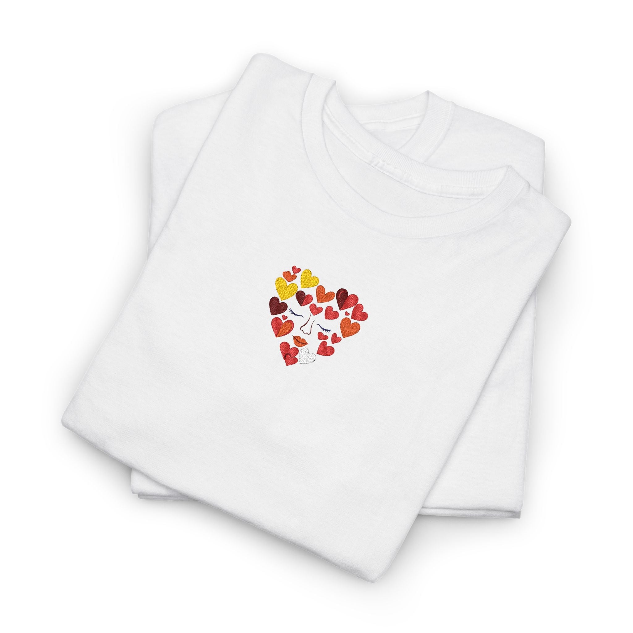 White shirt with a colorful heart design on a white background