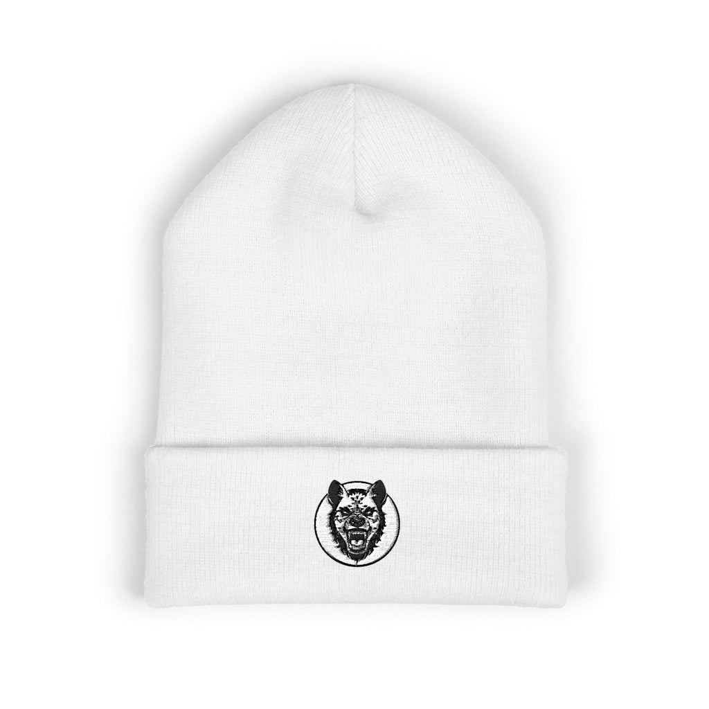 White beanie with a black logo on a white background