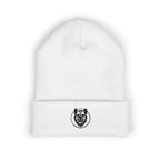 White beanie with a black logo on a white background