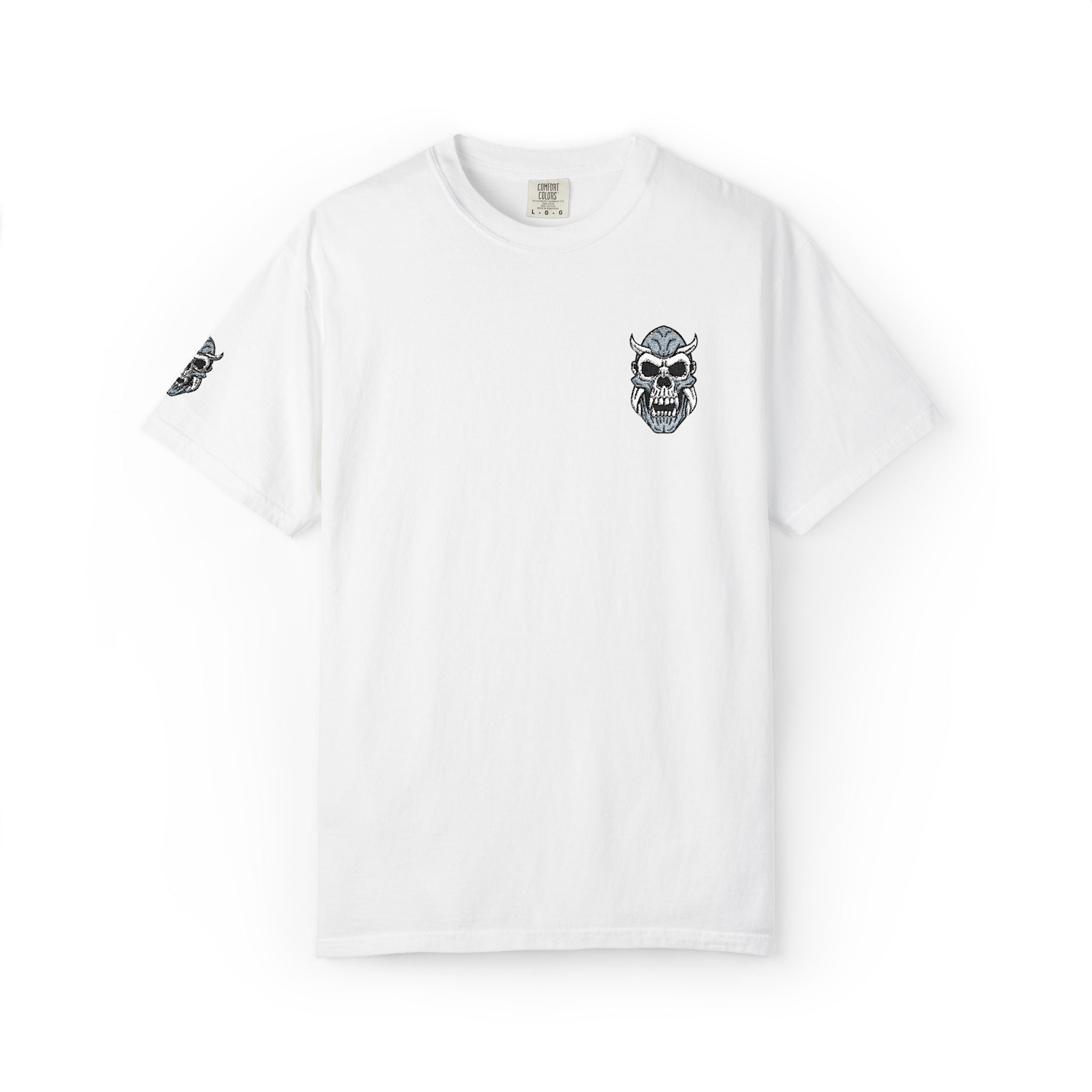 White t-shirt with a skull design on a white background