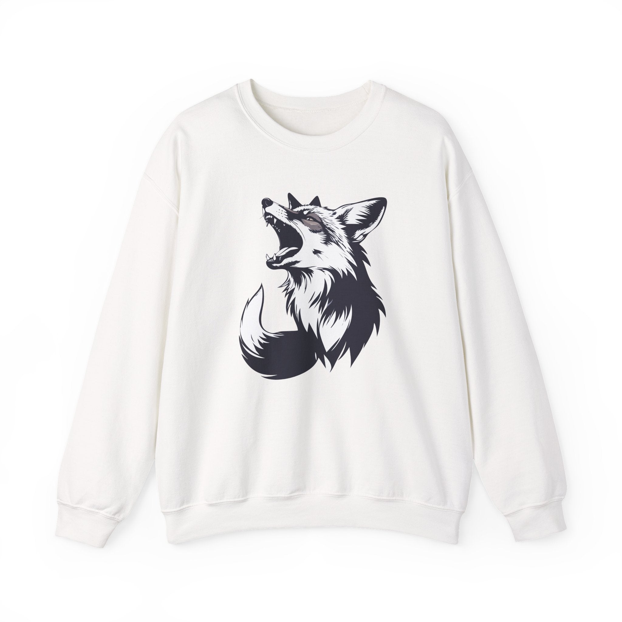 White sweatshirt with a black fox graphic on a white background