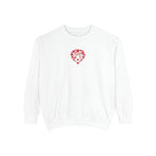 White sweatshirt with a red heart pattern on a white background