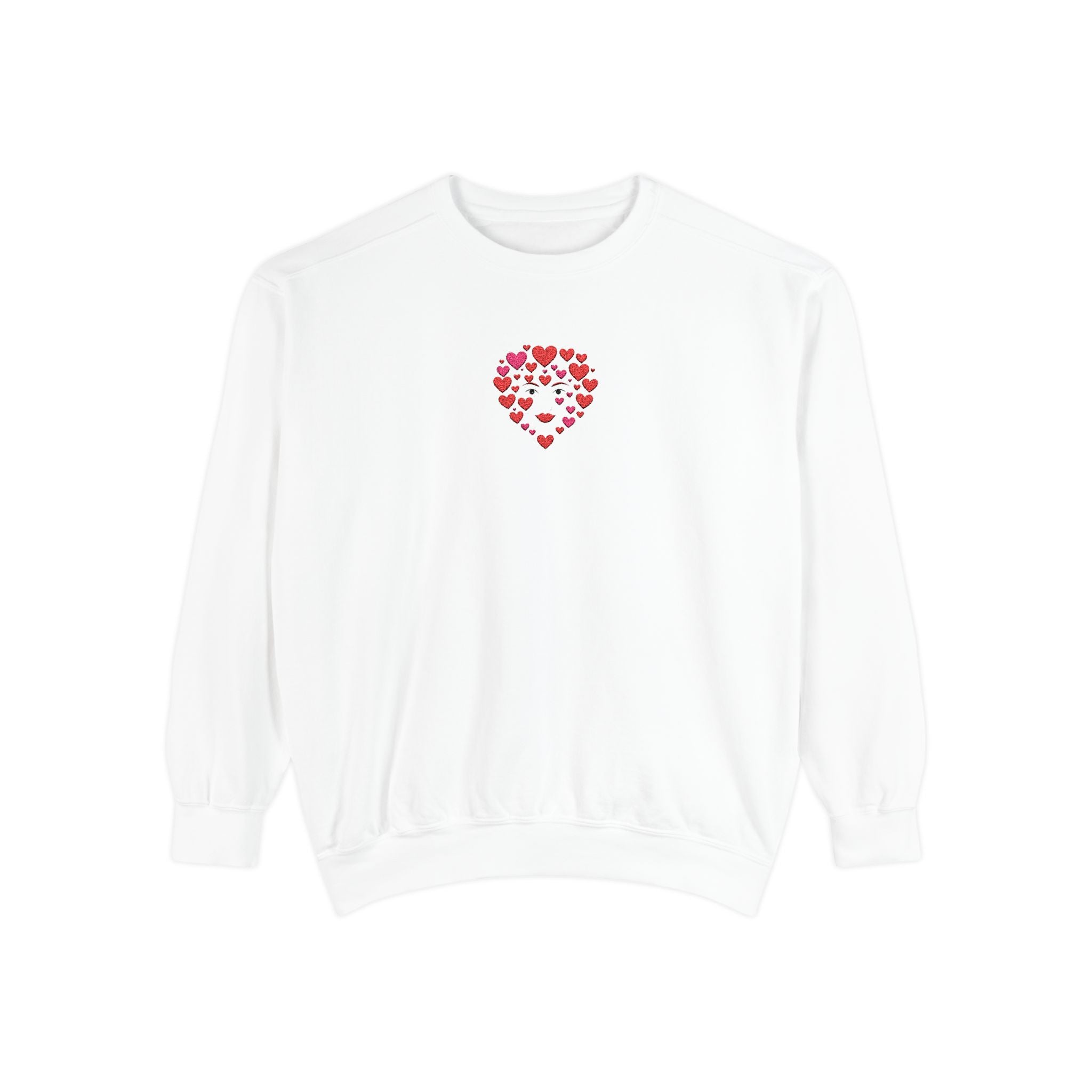 White sweatshirt with a red heart pattern on a white background