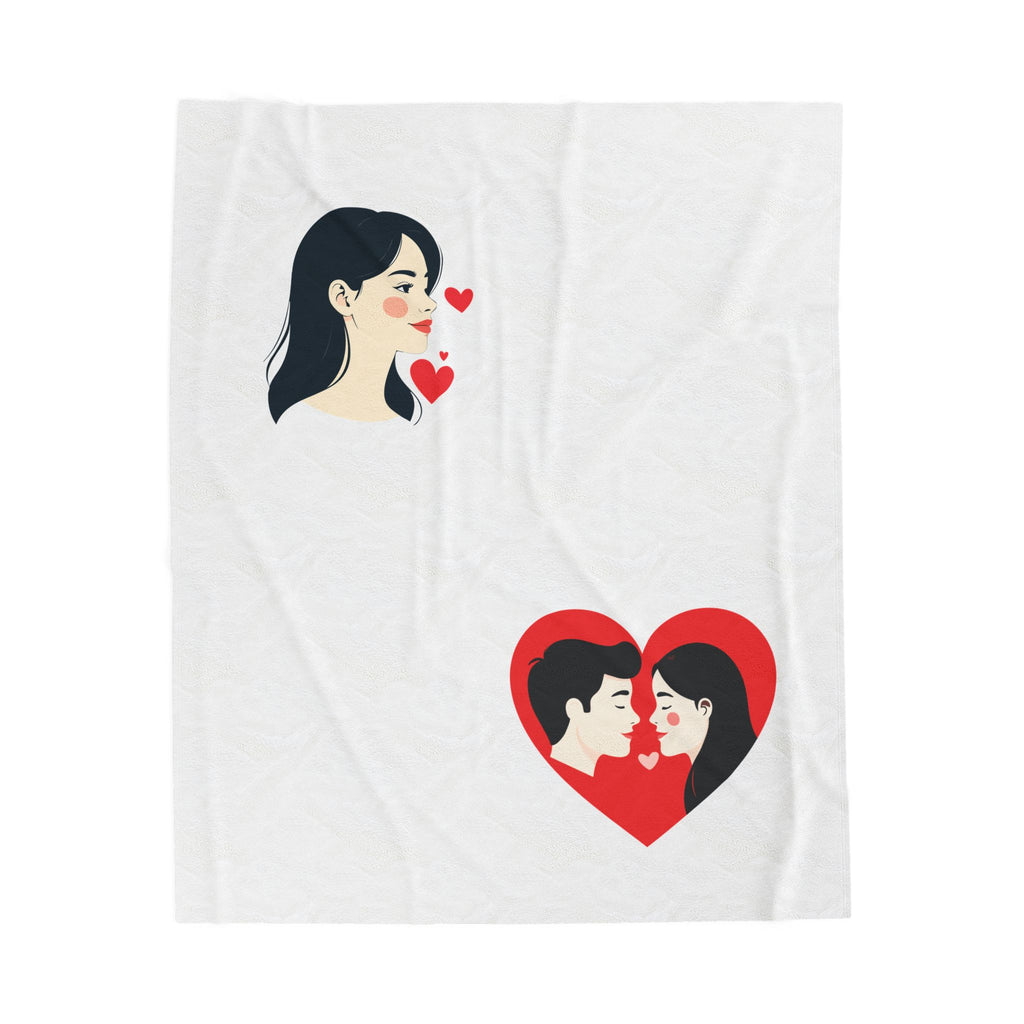 White towel with romantic design of a couple and hearts on a white background