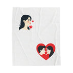 White towel with romantic design of a couple and hearts on a white background