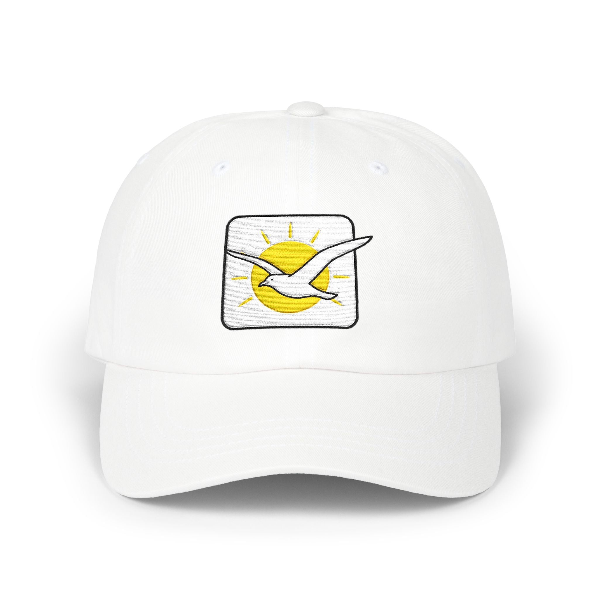 White baseball cap with a logo featuring a sun and a bird on a white background