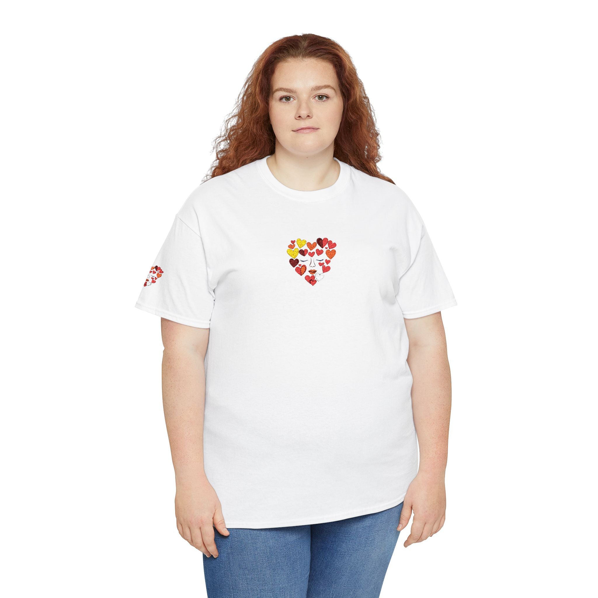 Person wearing a white t-shirt with a colorful heart design on a white background
