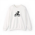 White sweatshirt with a black graphic of a person on a motorcycle on a white background