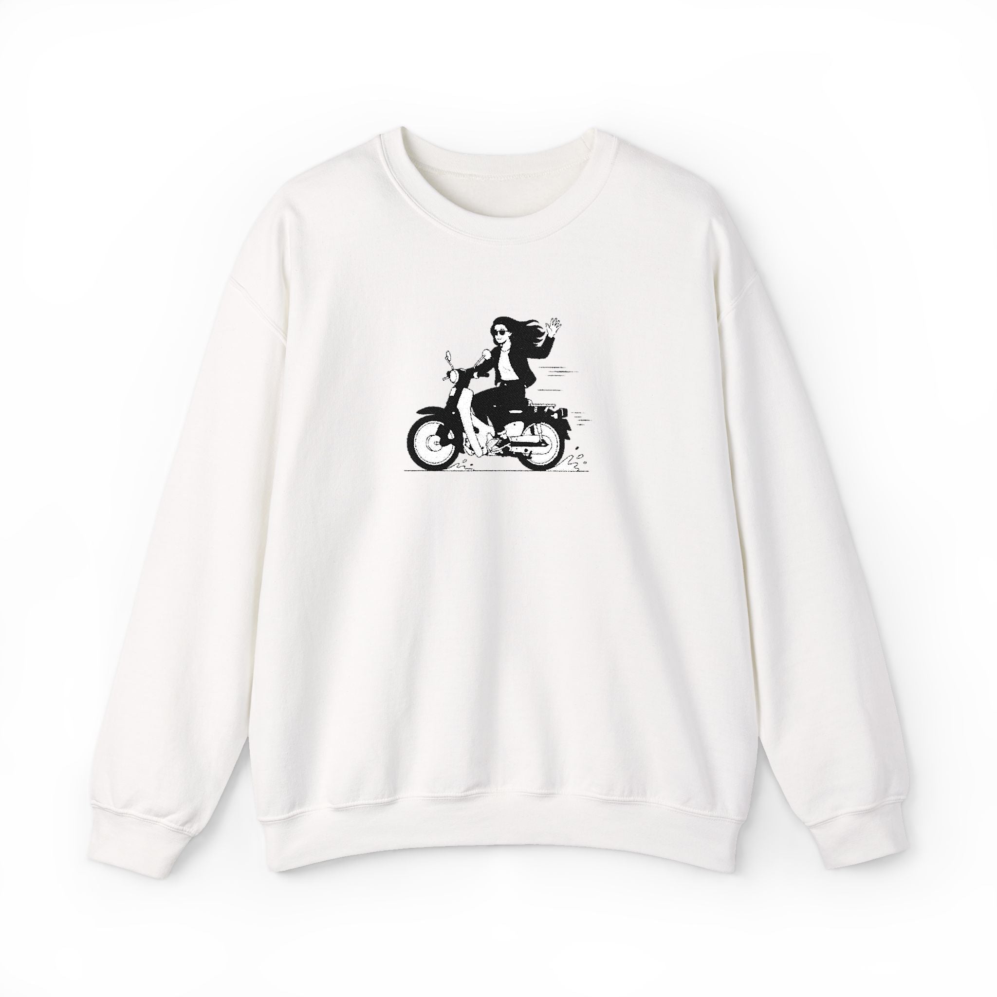 White sweatshirt with a black graphic of a person on a motorcycle on a white background