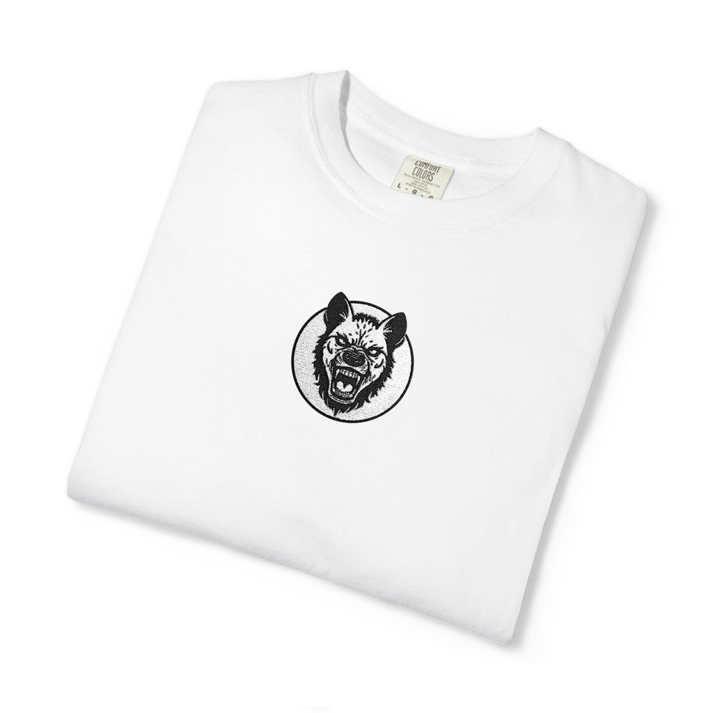 White t-shirt with black bear graphic on a white background