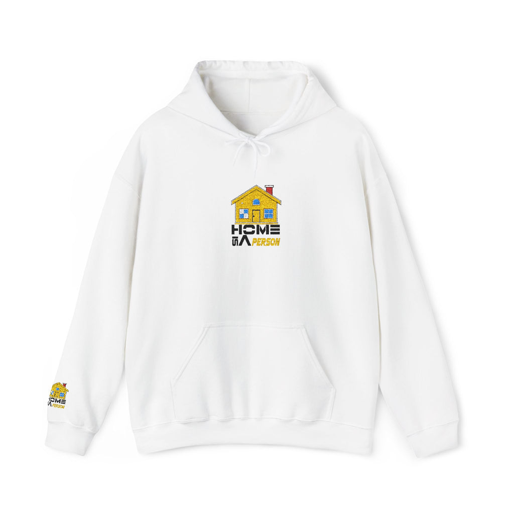 White hoodie with a logo on the chest and sleeve against a white background