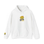 White hoodie with a logo on the chest and sleeve against a white background