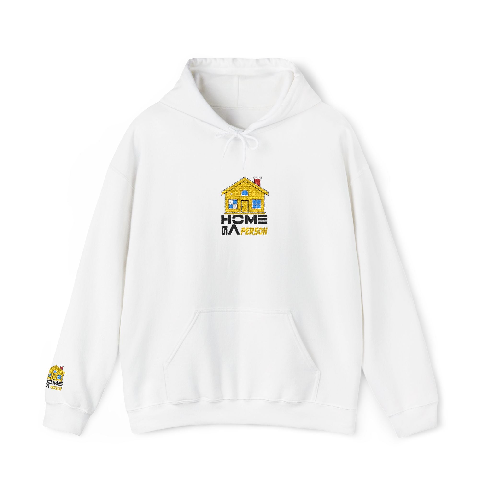 White hoodie with a logo on the chest and sleeve against a white background