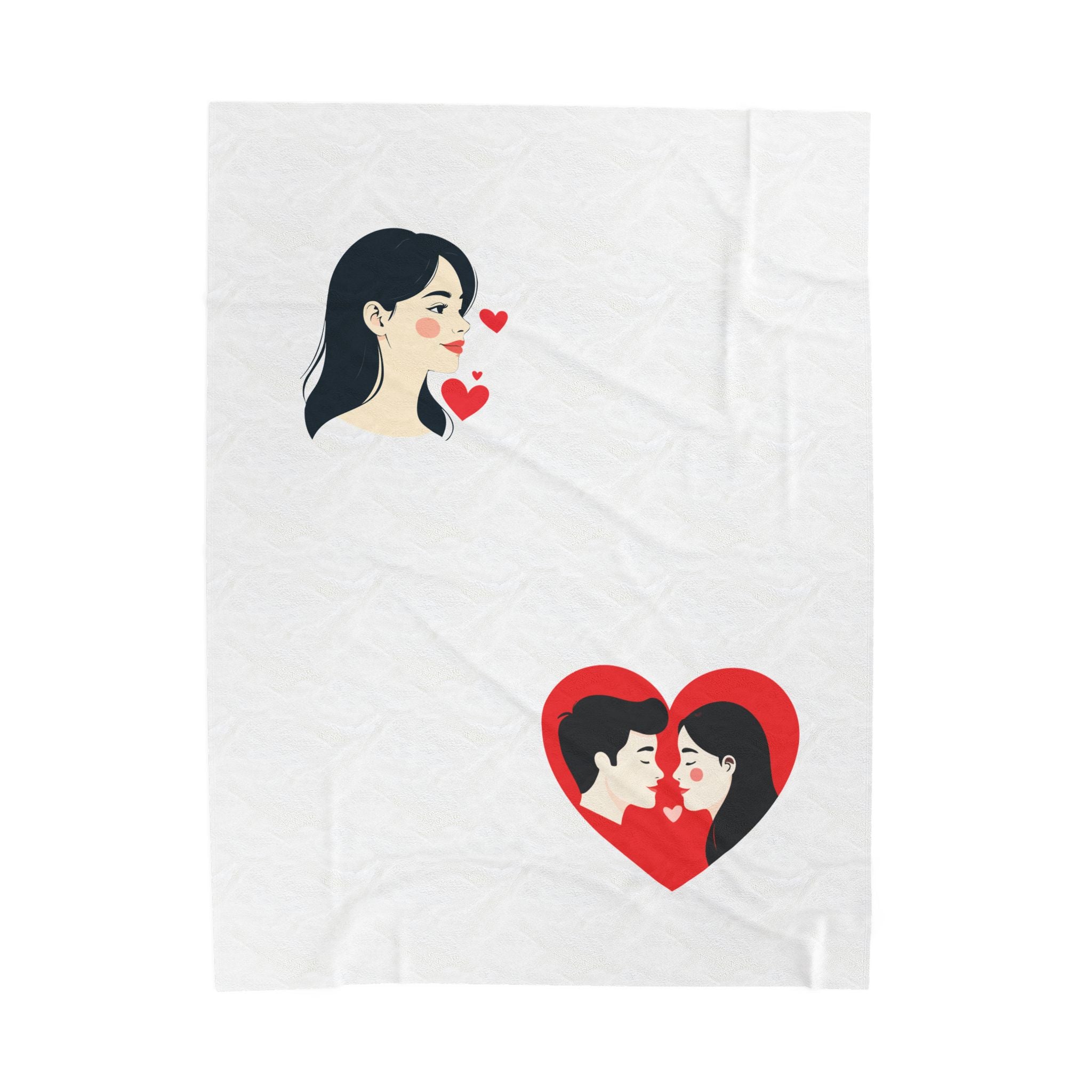 White towel with illustrations of a woman, a heart, and a couple on a white background