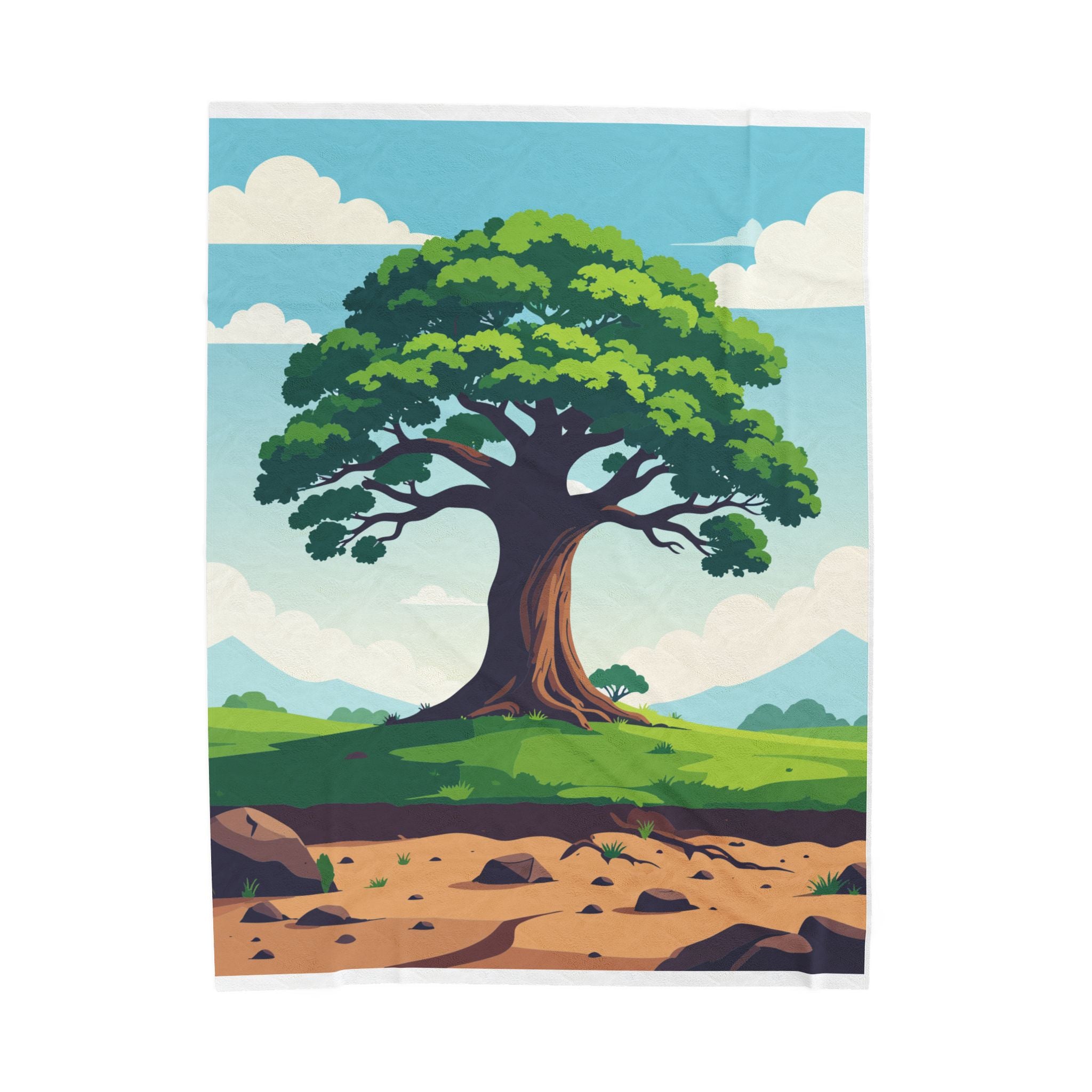 Cartoon-style illustration of a large tree in a landscape with green grass and blue sky.