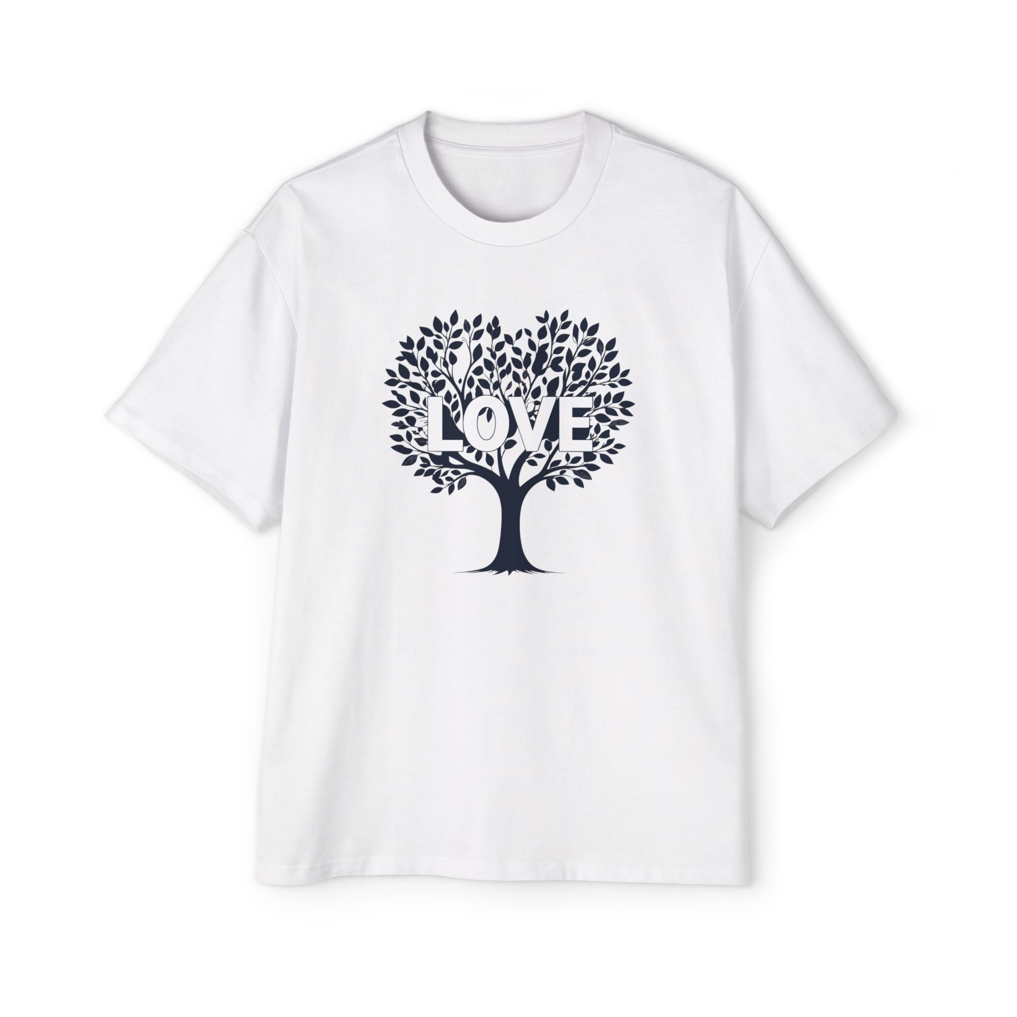 White t-shirt with a black tree design and 'LOVE' text on a white background