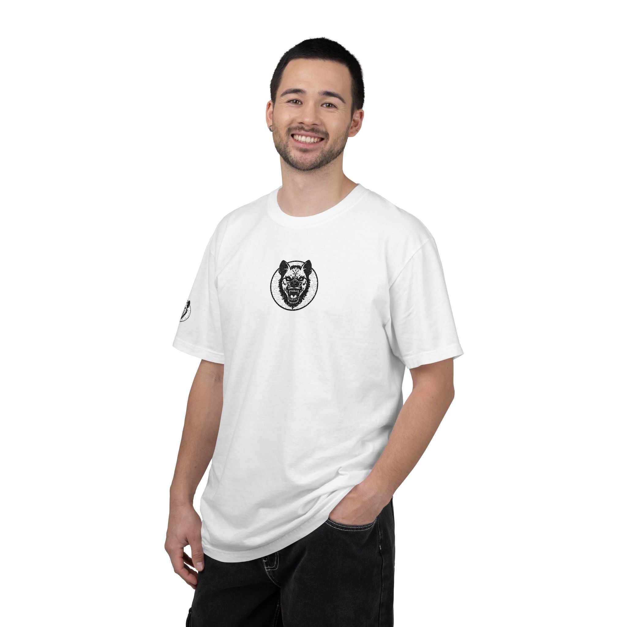 Man wearing a white t-shirt with a black logo on a white background