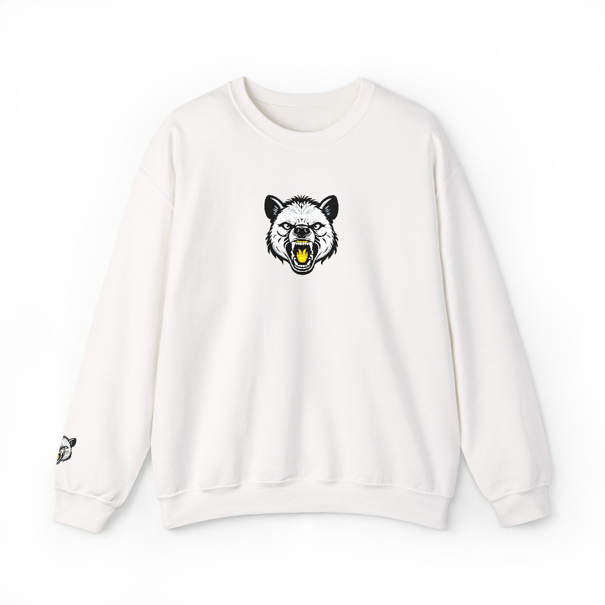 White sweatshirt with a bear graphic on a white background