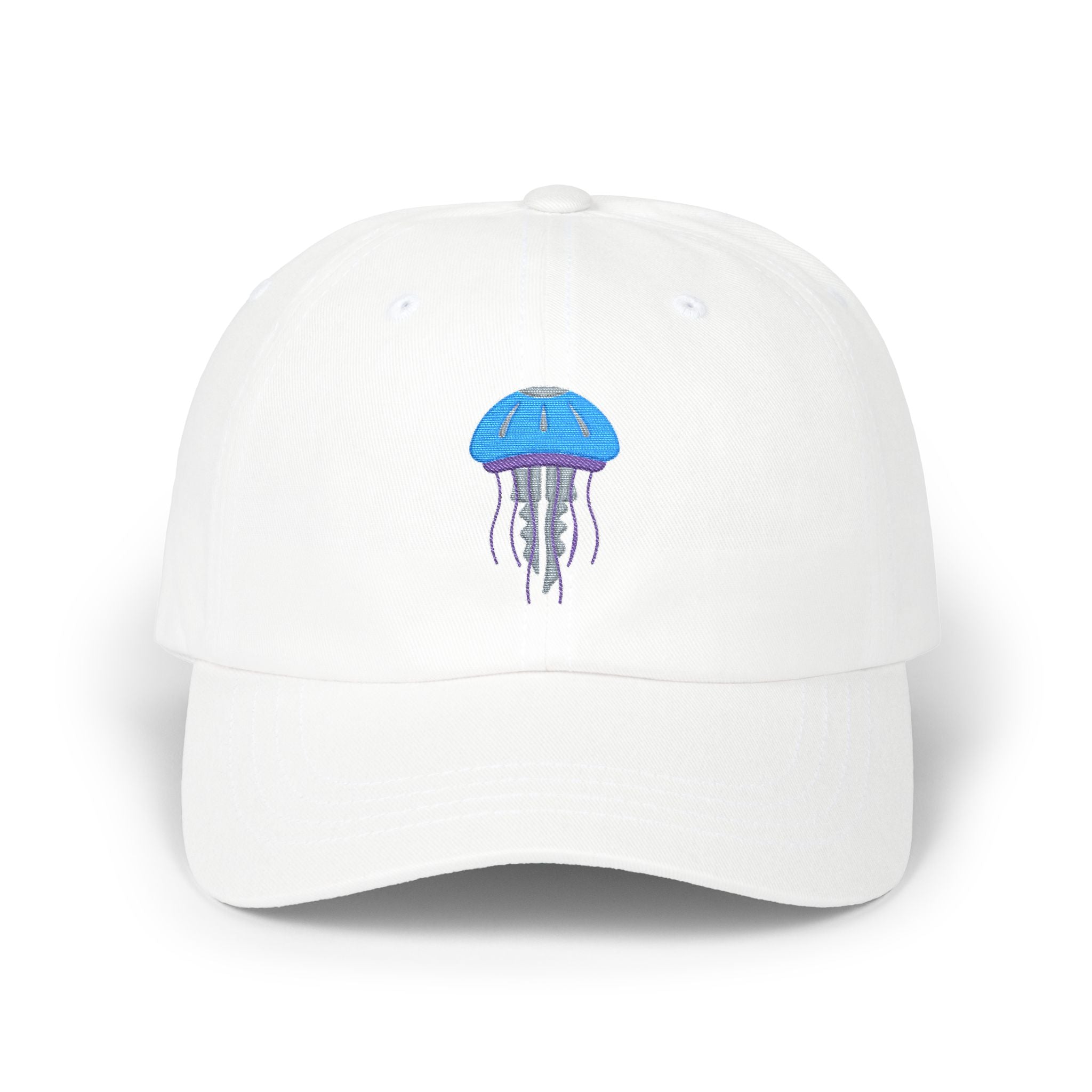 White cap with a blue and purple jellyfish design on a white background