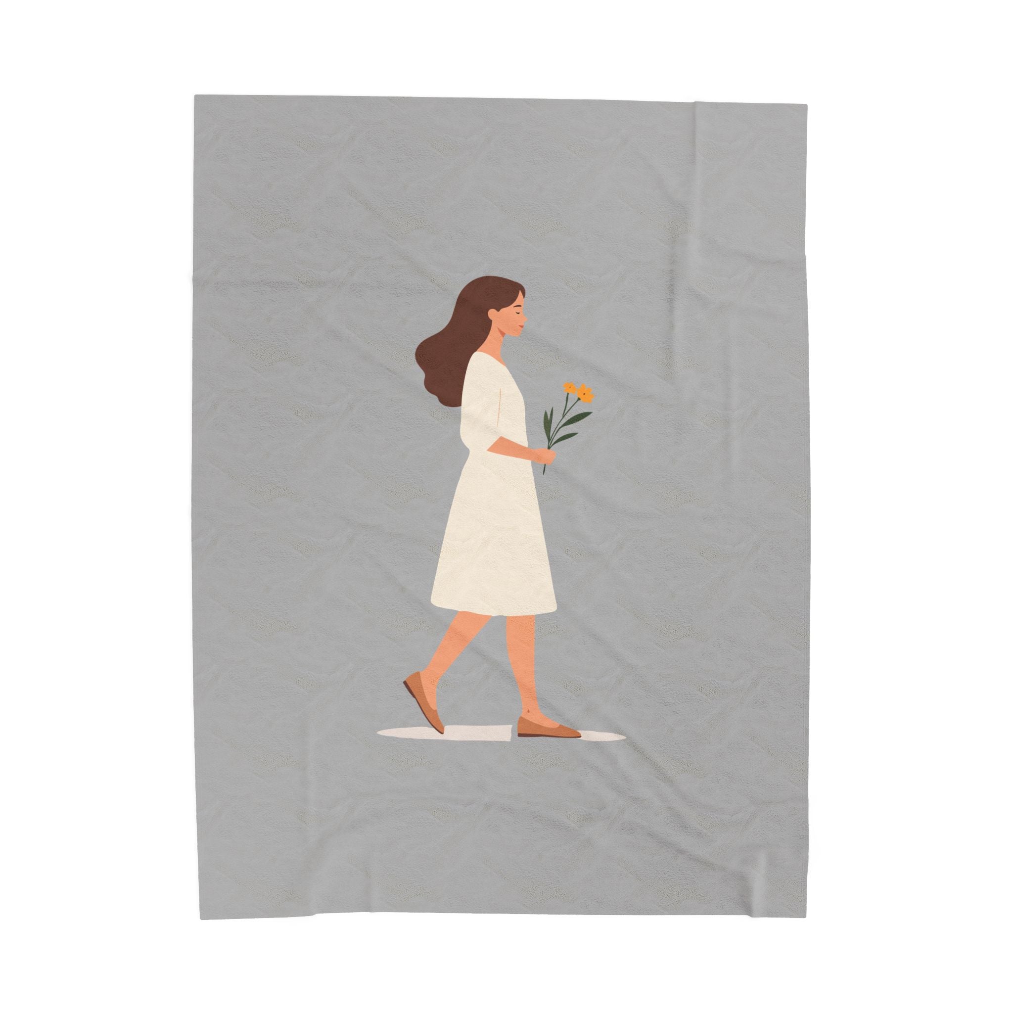 Illustration of a woman holding flowers on a gray background