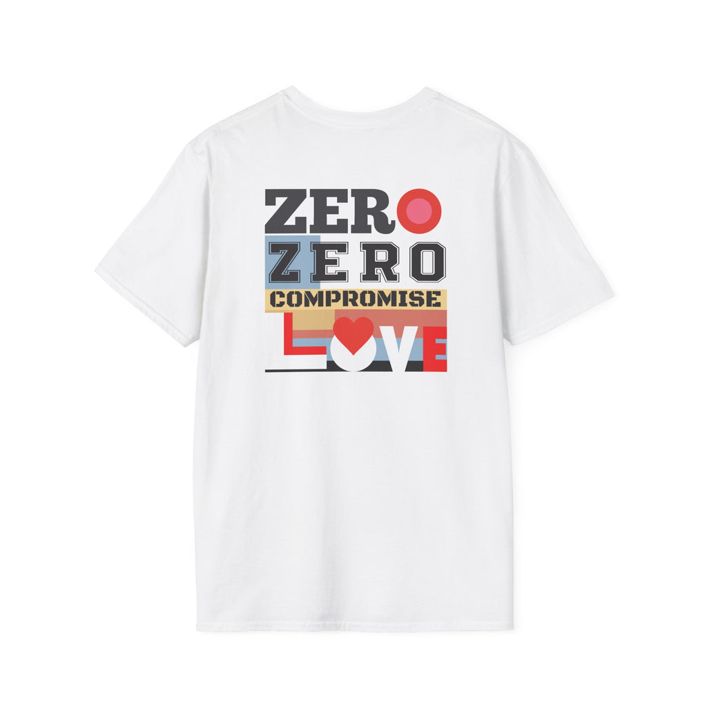 White t-shirt with colorful text design on a white background