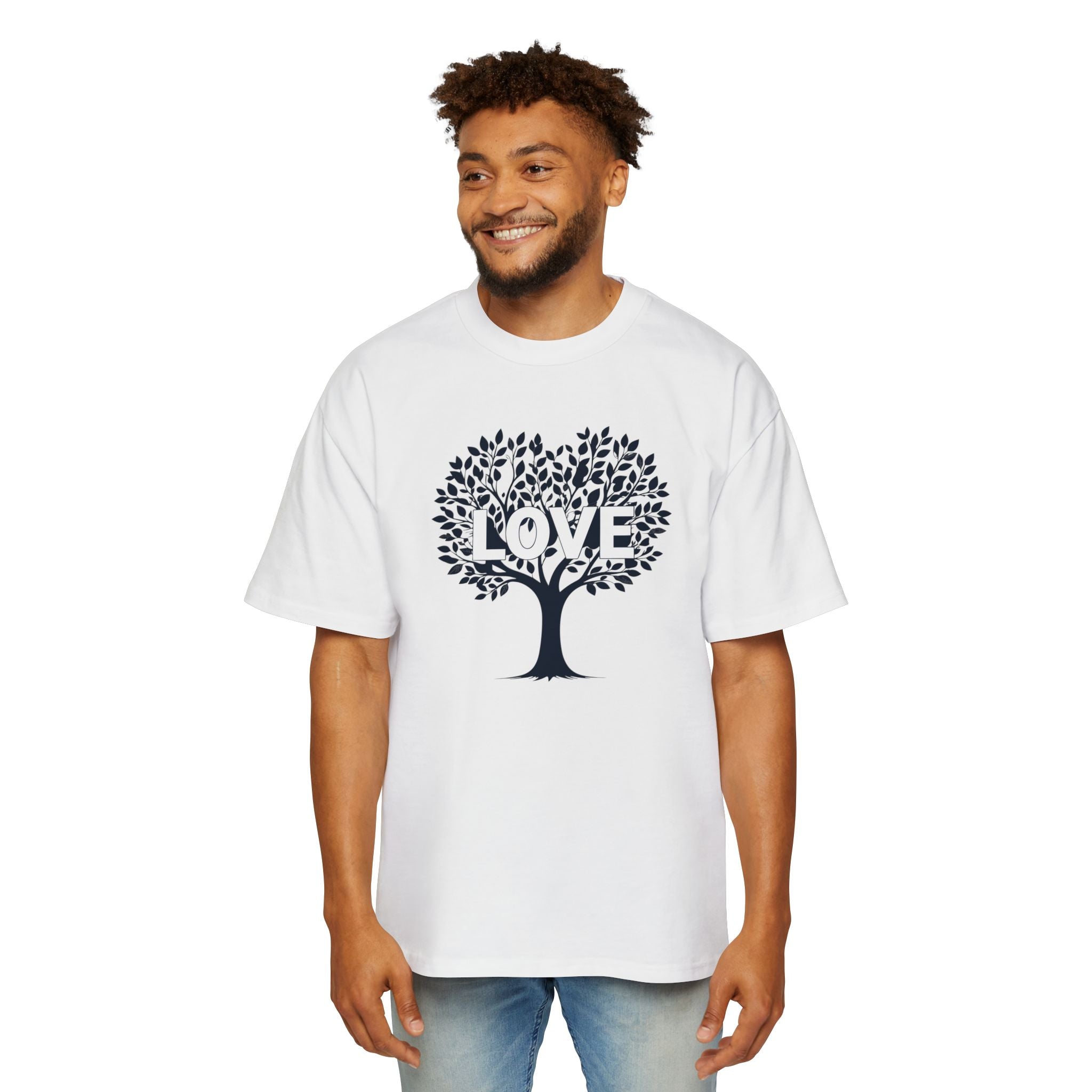 Man wearing a white t-shirt with a black tree design and 'LOVE' text on a white background