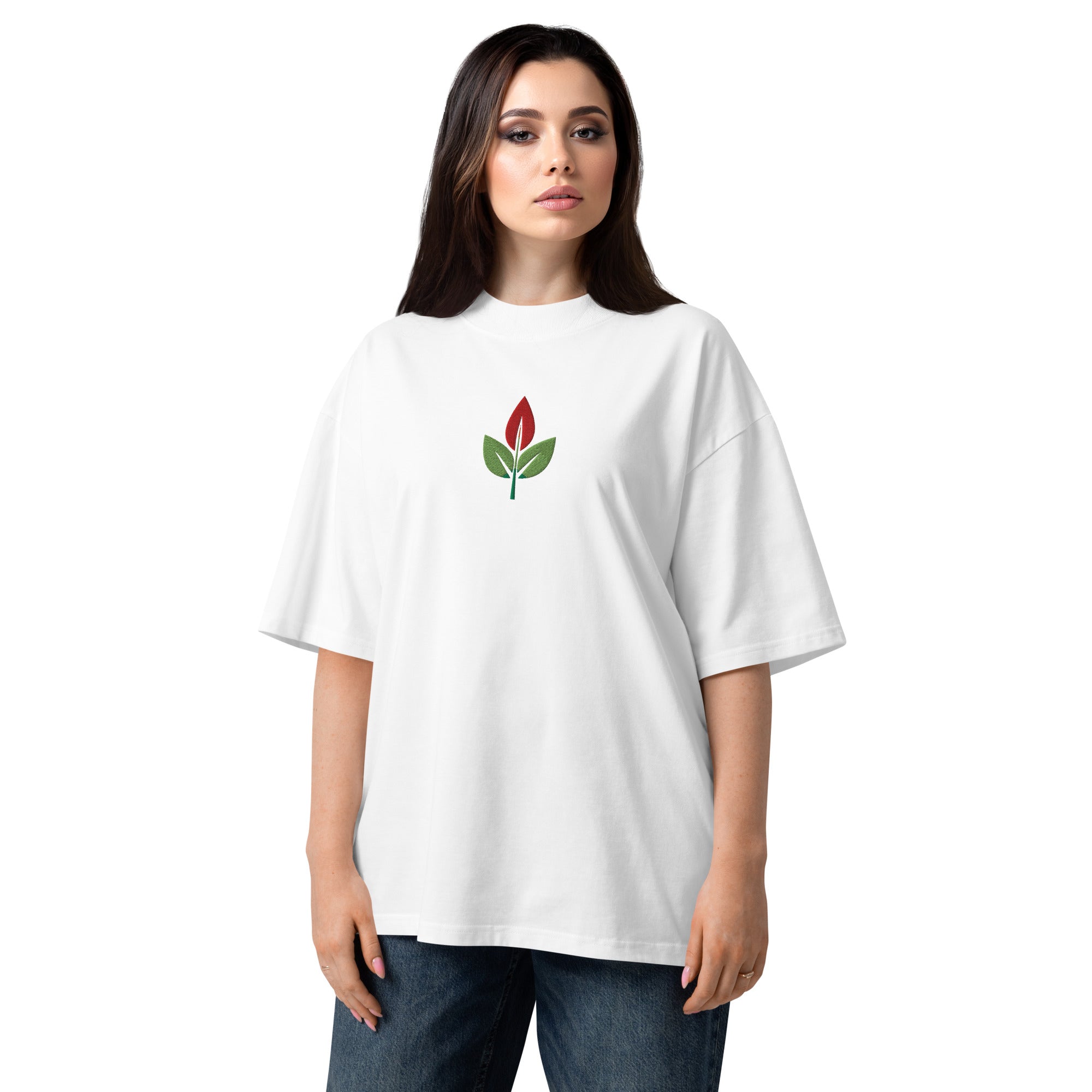Woman wearing a white t-shirt with a red flower design on a white background